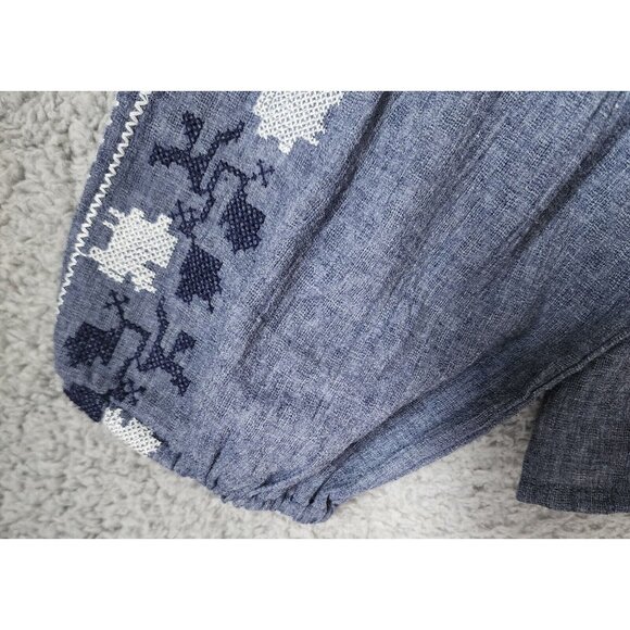 Hazel Women's Long Balloon Sleeve Tie V Neck Oversized Top Embroidered Blue Sz M - Picture 7 of 15